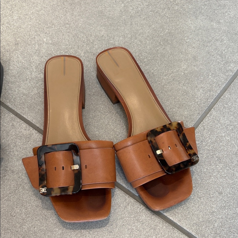 Sam Edelman Signature Collection Dilon Tan Mules with Tortoise Buckle Leather